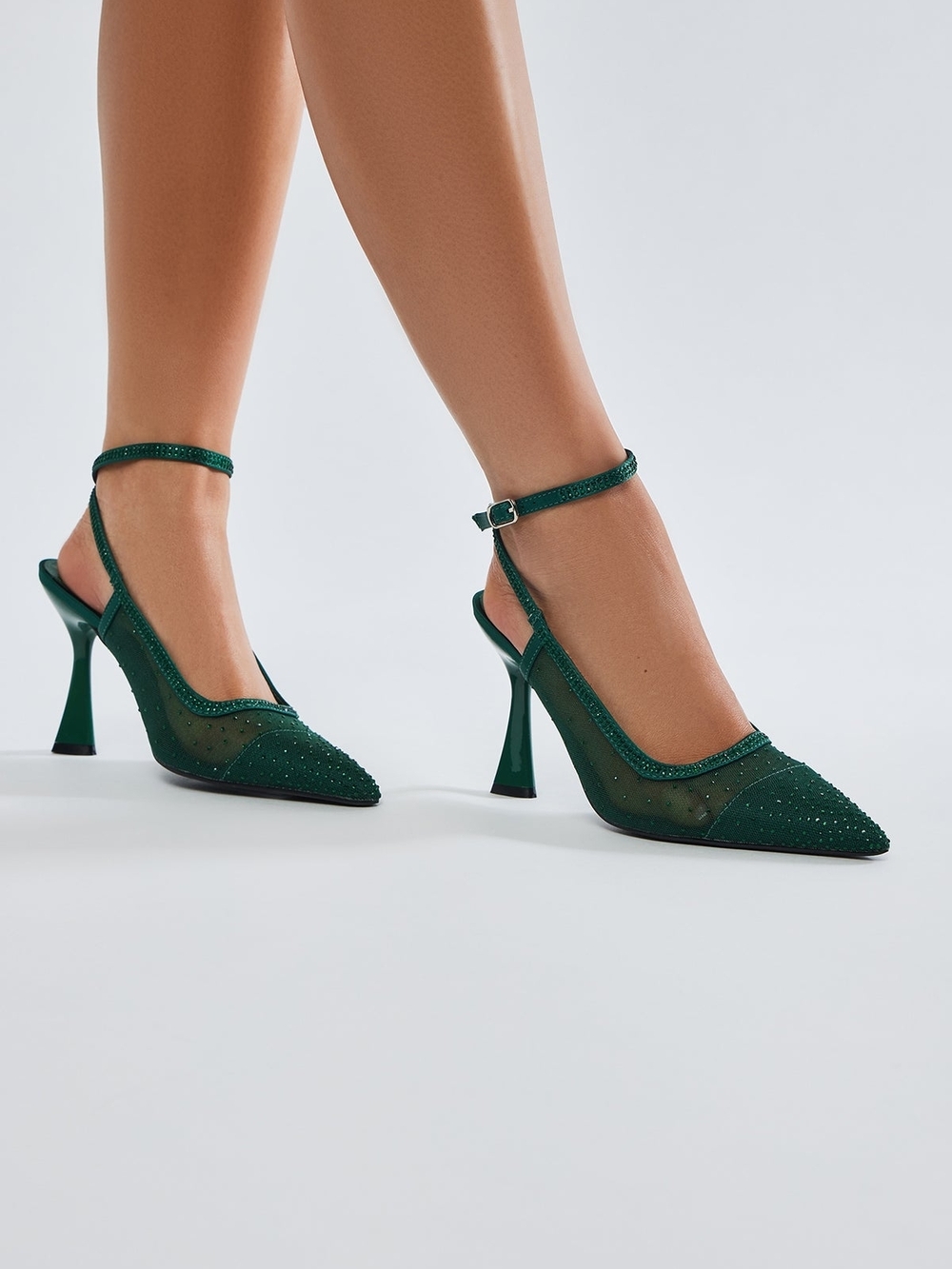 Fashion Nova Emerald Green Pointed Mesh Ankle Strap Heels